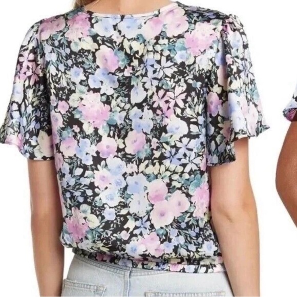 ASTR The Label Black Lilac Spring Floral Flutter Sleeve Faux Wrap Size Large - Picture 2 of 7